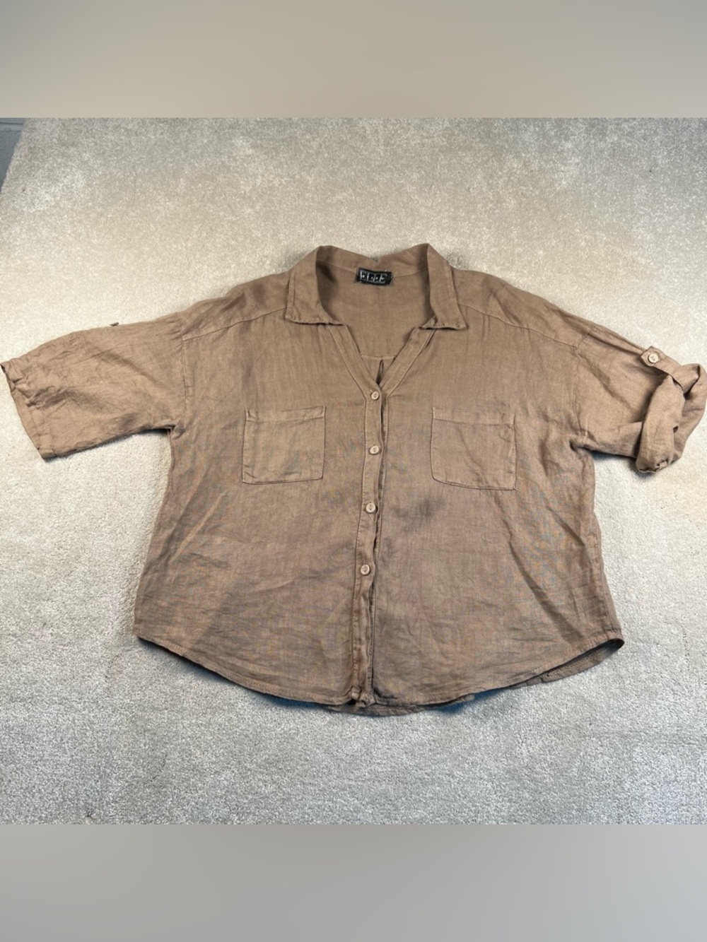 100% Linen Shirt Button Front Roll Tab Short Sleeve Brown Lightweight Italian M